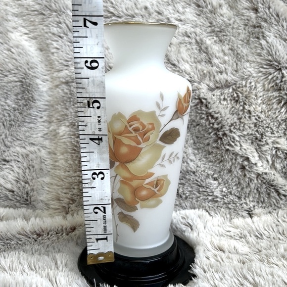 Vintage Frosted Glass Bud Vase Floral Orange Yellow Brown Flowers Gold 7 inches - Picture 2 of 8